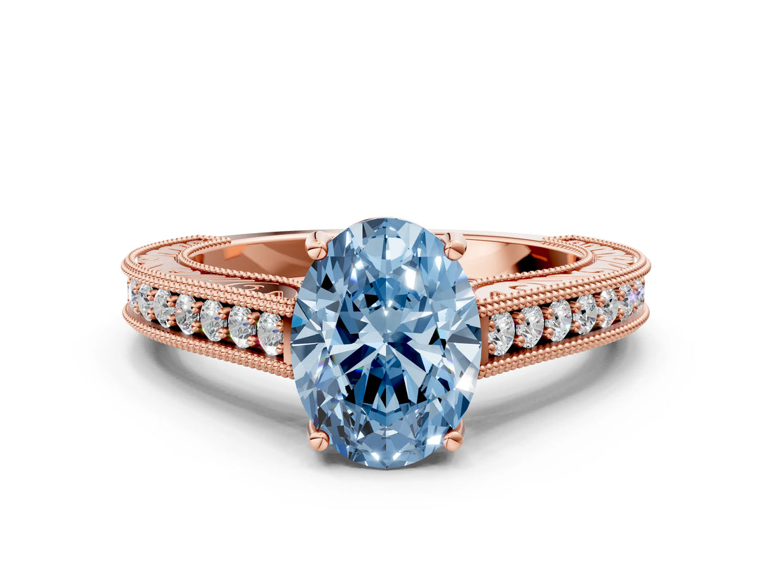 Rose gold Fancy Blue Oval Cut Cut Pave Band Milgrain Solitaire Ring