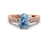 Rose gold Fancy Blue Oval Cut Cut Pave Band Milgrain Solitaire Ring