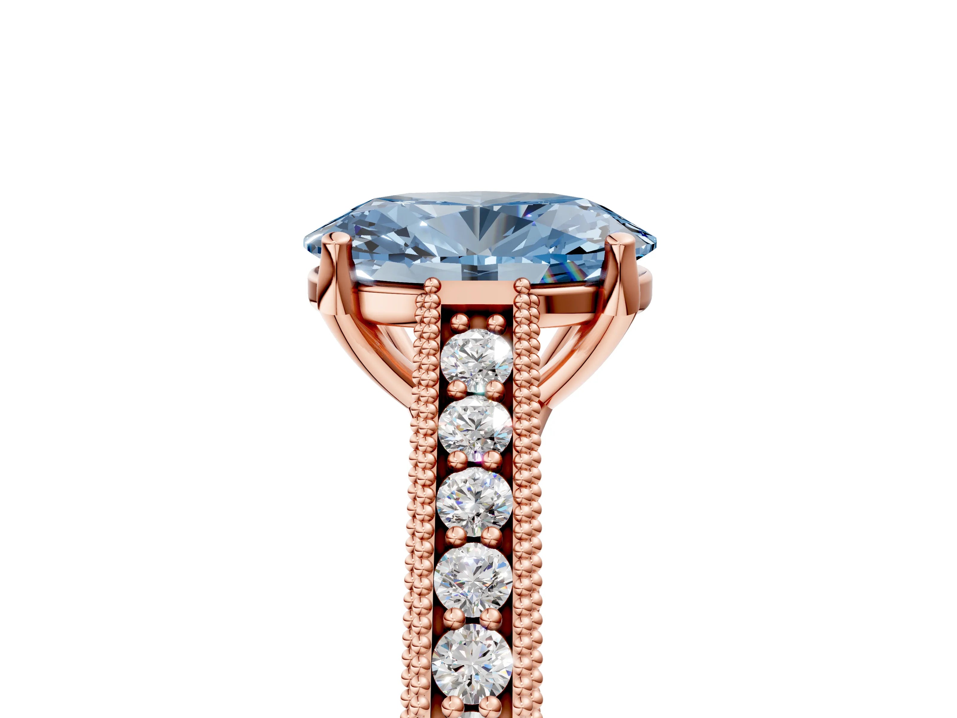 Rose gold Fancy Blue Oval Cut Cut Pave Band Milgrain Solitaire Ring_5