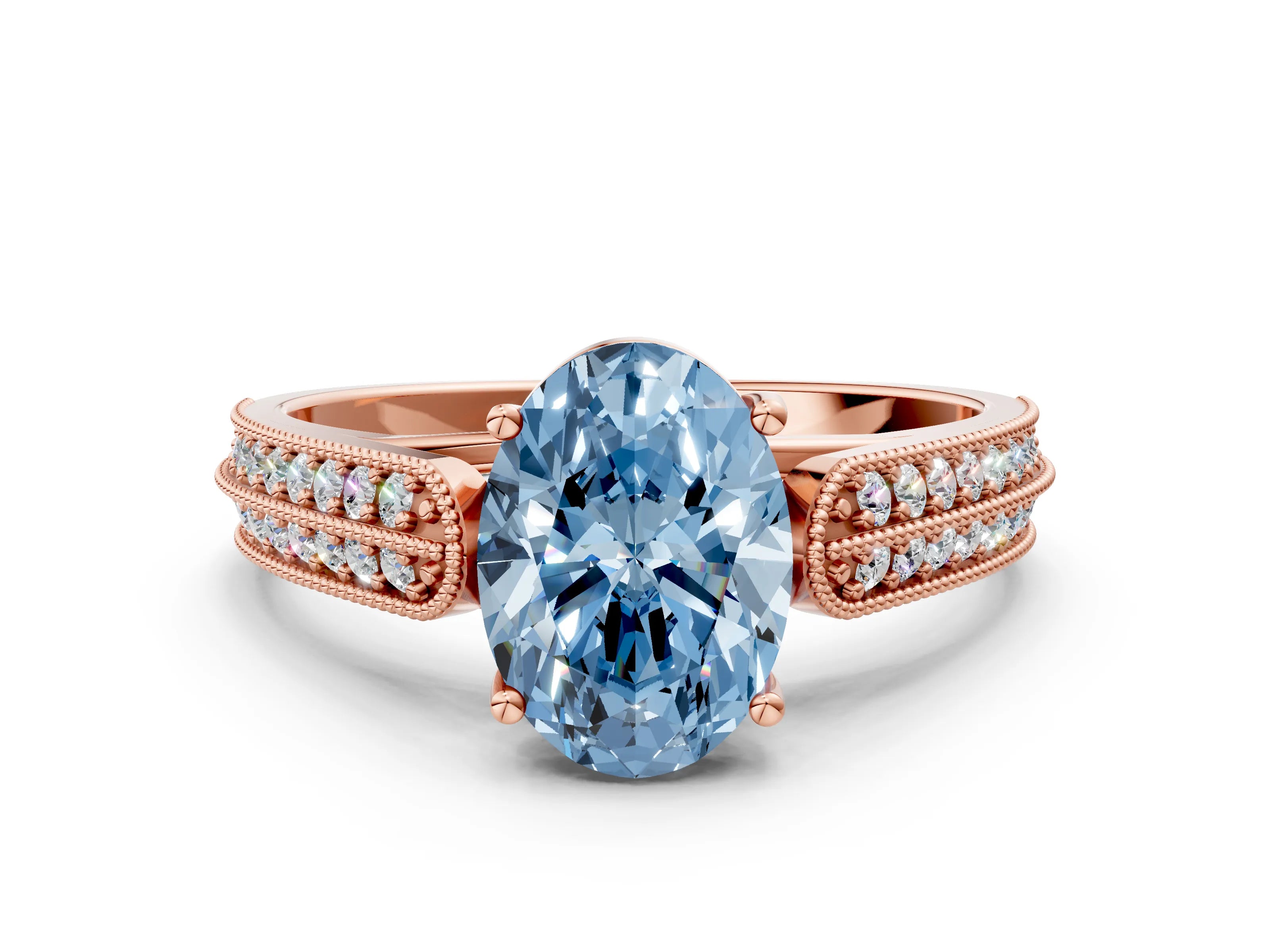 Rose gold Fancy Blue Oval Cut Cut Pave Split Shank Engagement Ring with Four-Prong Setting
