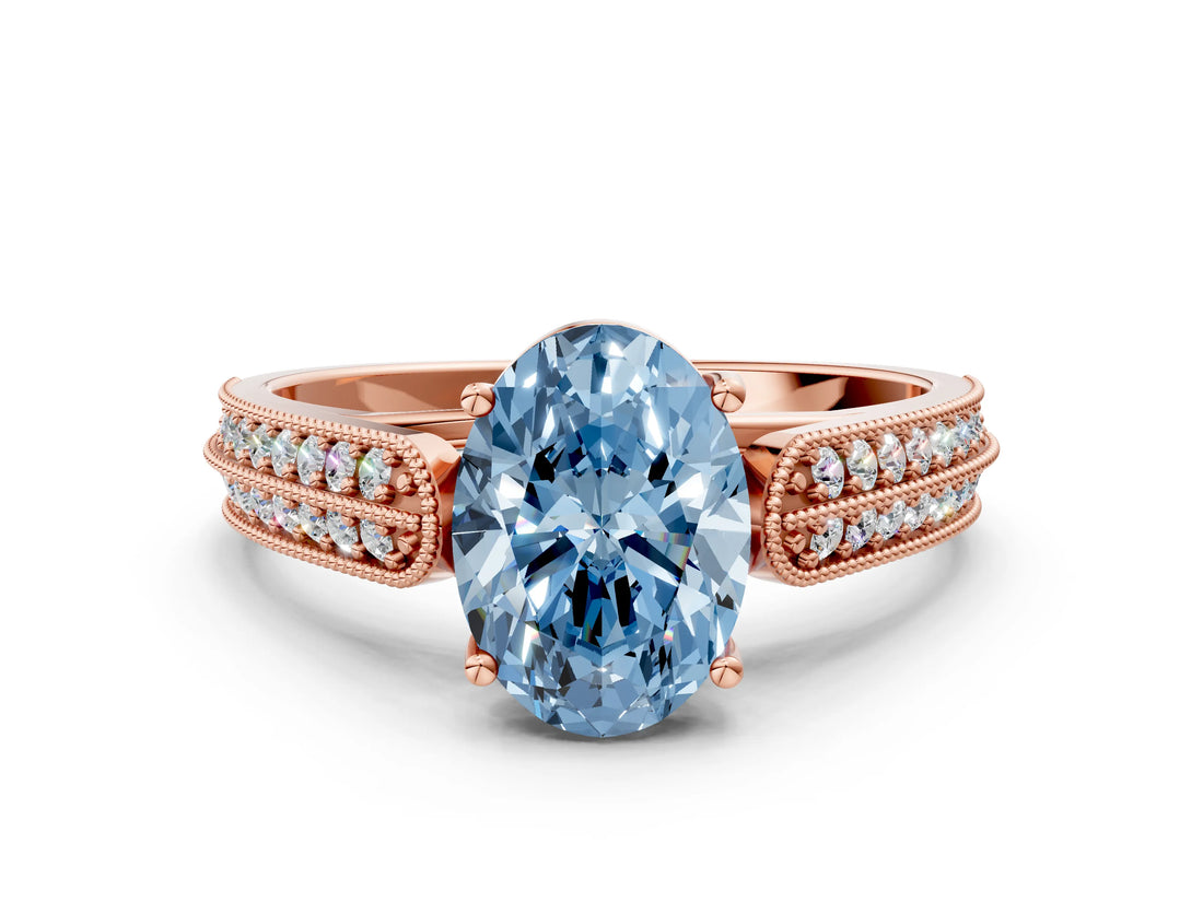 Rose gold Fancy Blue Oval Cut Cut Pave Split Shank Engagement Ring with Four-Prong Setting