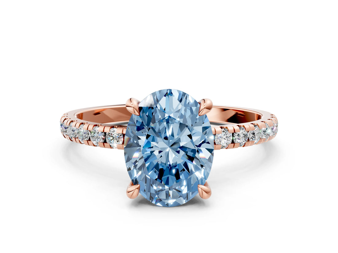 Rose gold Fancy Blue Oval Cut Diamond Brilliant Solitaire Ring with Pavé Band and Four-Prong Setting_12