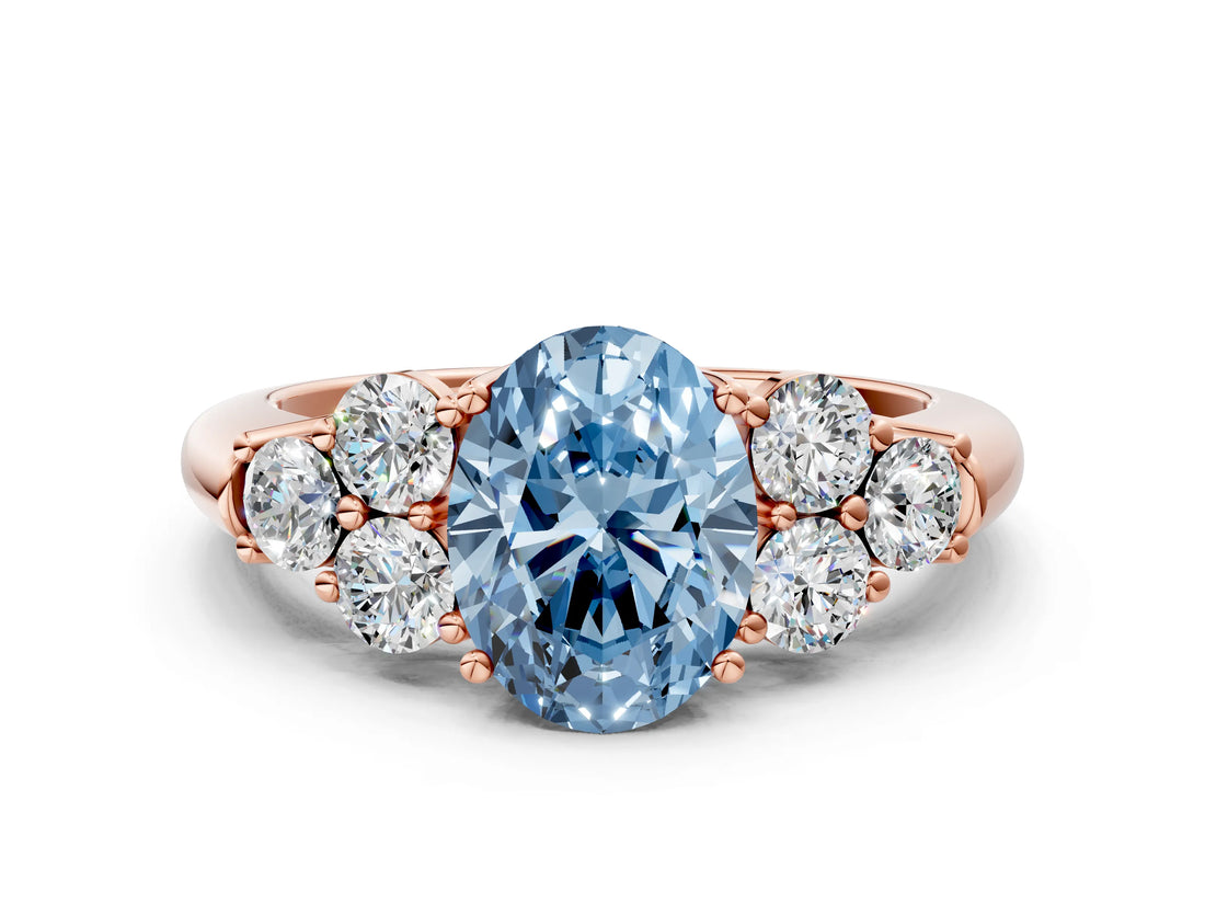 Rose gold Fancy Blue Oval  Cut Diamond Cluster Ring with Round Accent Stones and Prong Setting on a Classic Band_49
