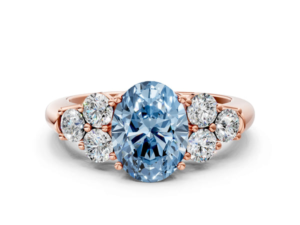 Rose gold Fancy Blue Oval  Cut Diamond Cluster Ring with Round Accent Stones and Prong Setting on a Classic Band