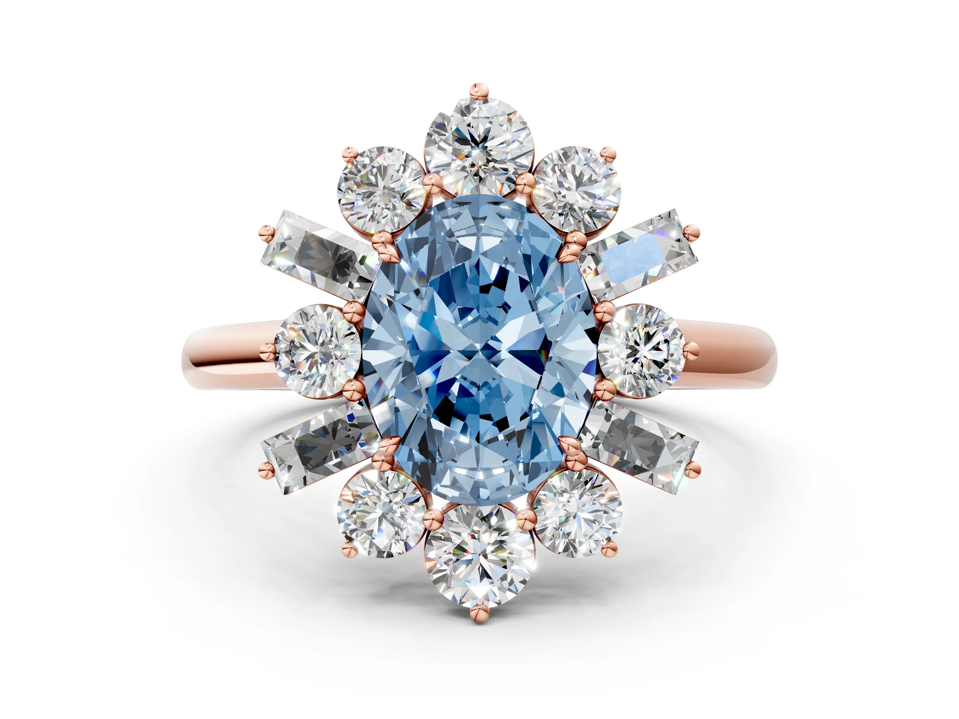 Rose gold Fancy Blue Oval Cut Diamond Cluster Ring with Round and Baguette Stones, Split Shank Band, Prong Setting
