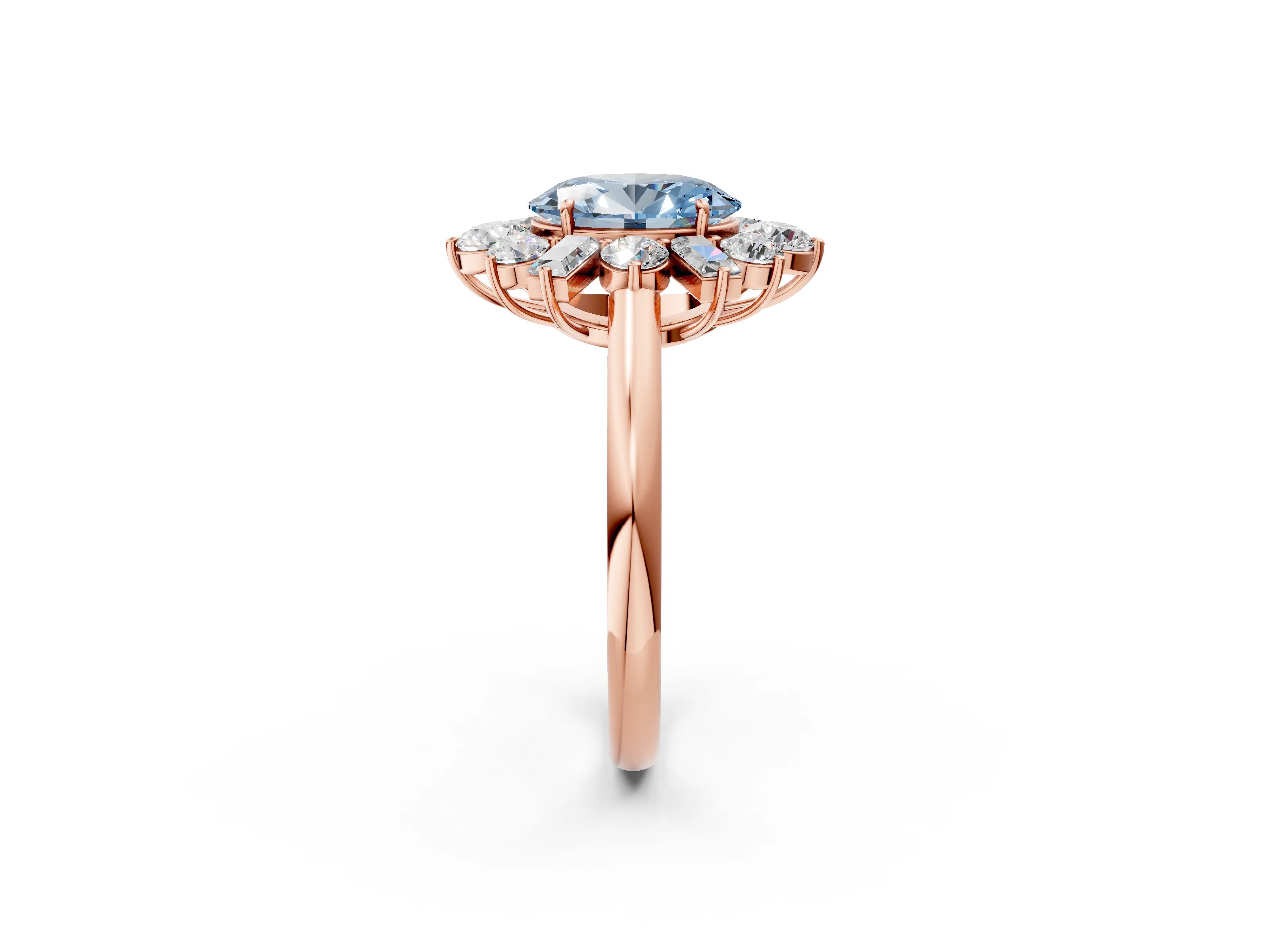 Rose gold Fancy Blue Oval Cut Diamond Cluster Ring with Round and Baguette Stones, Split Shank Band, Prong Setting_2