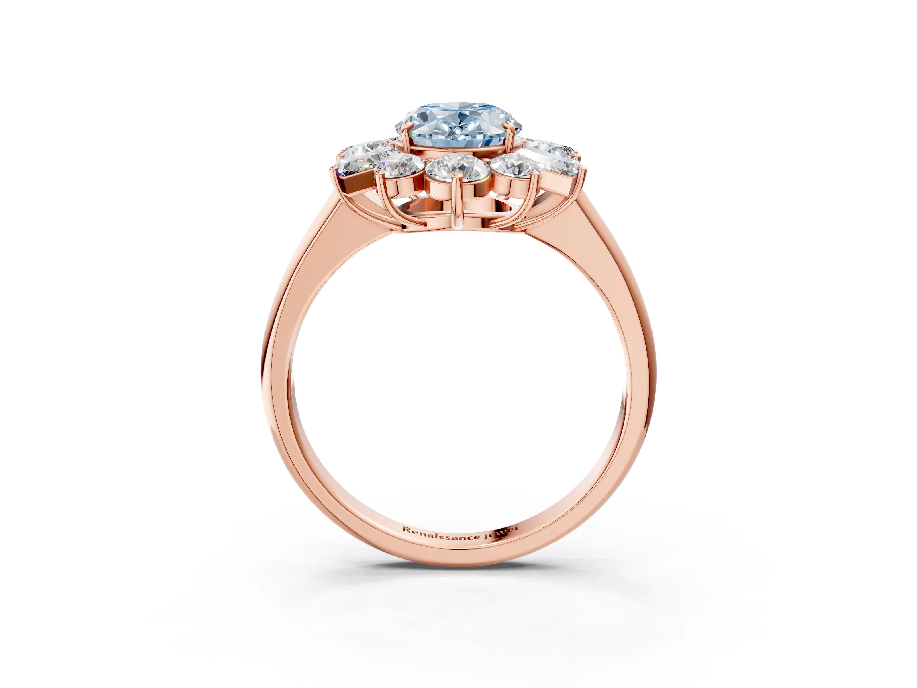 Rose gold Fancy Blue Oval Cut Diamond Cluster Ring with Round and Baguette Stones, Split Shank Band, Prong Setting_3