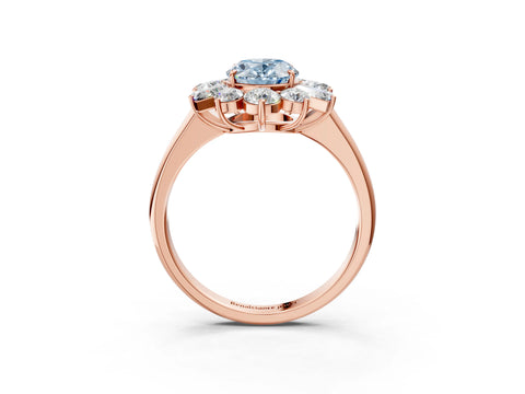Rose gold Fancy Blue Oval Cut Diamond Cluster Ring with Round and Baguette Stones, Split Shank Band, Prong Setting_3