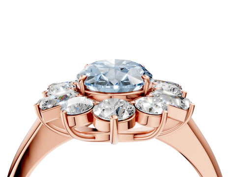 Rose gold Fancy Blue Oval Cut Diamond Cluster Ring with Round and Baguette Stones, Split Shank Band, Prong Setting_4