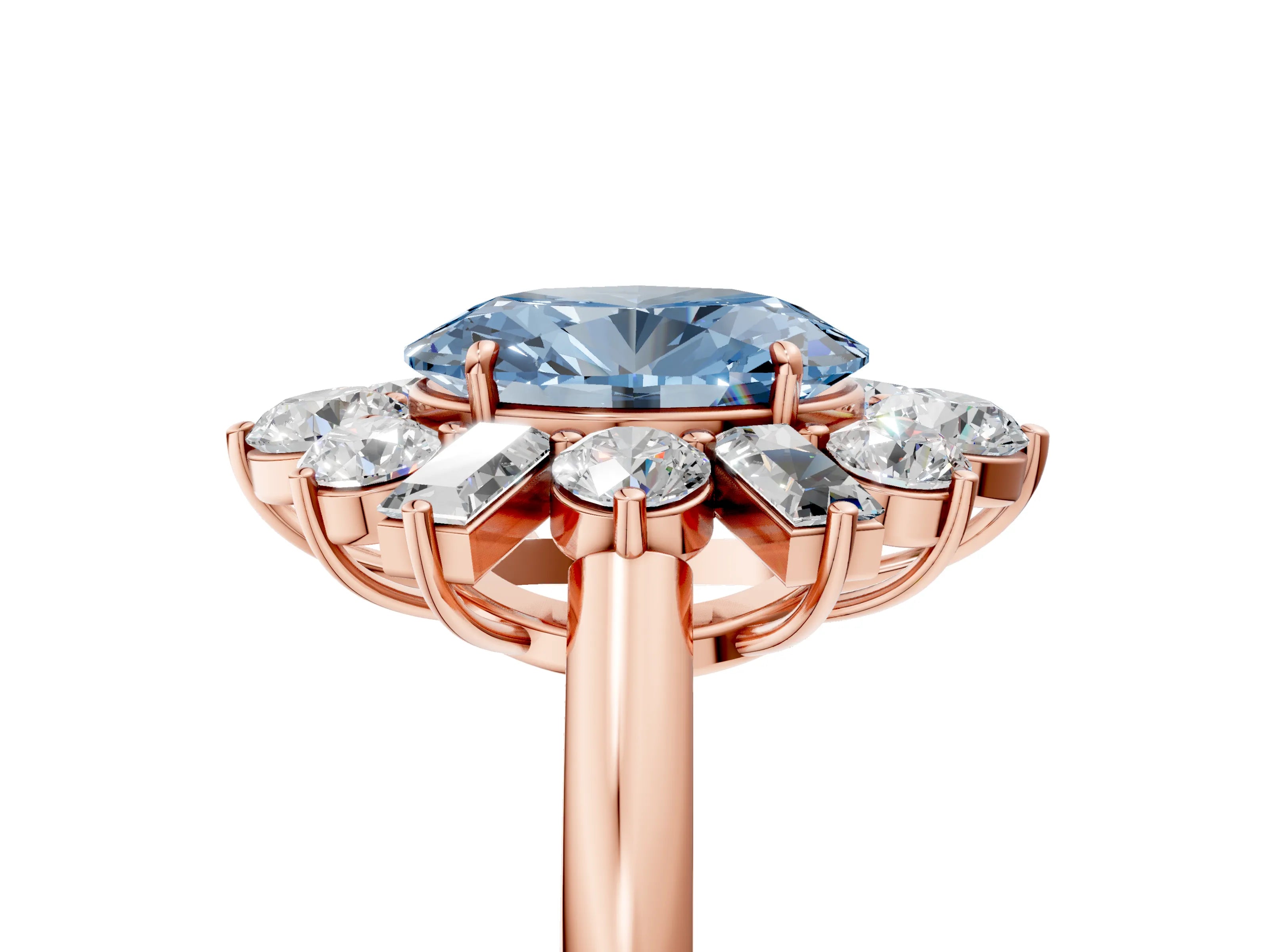 Rose gold Fancy Blue Oval Cut Diamond Cluster Ring with Round and Baguette Stones, Split Shank Band, Prong Setting_5