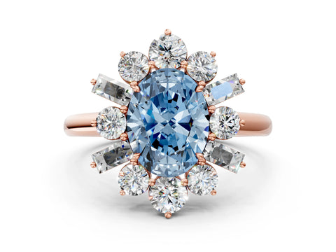 Rose gold Fancy Blue Oval Cut Diamond Cluster Ring with Round and Baguette Stones, Split Shank Band, Prong Setting
