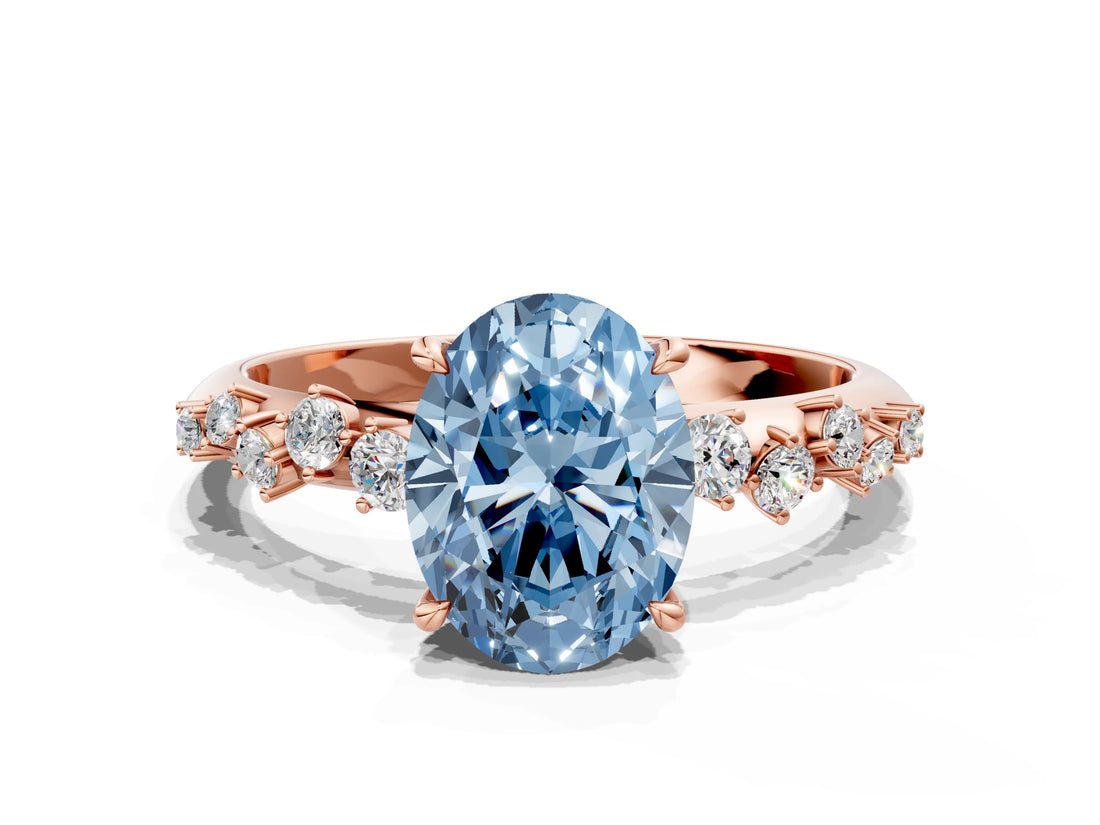 Rose gold Fancy Blue Oval Cut Diamond Cluster Side Stone Solitaire Ring with Prong Setting_67