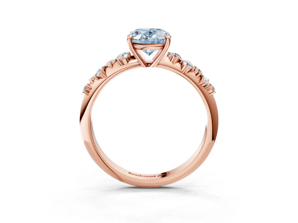 Rose gold Fancy Blue Oval Cut Diamond Cluster Side Stone Solitaire Ring with Prong Setting