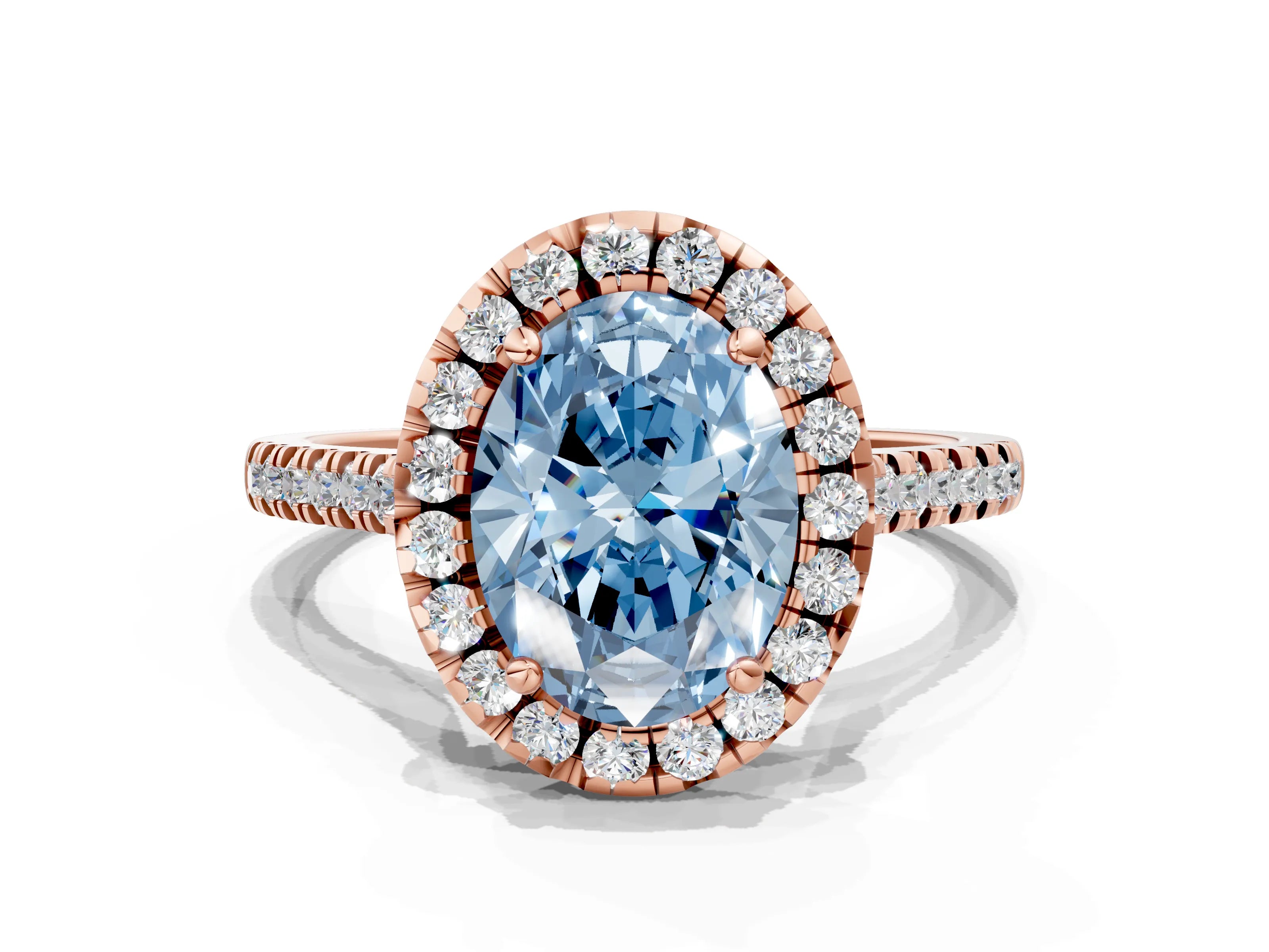 Rose gold Fancy Blue Oval Cut Diamond Cushion Halo Ring with Pavé Band