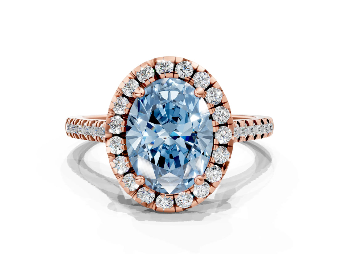 Rose gold Fancy Blue Oval Cut Diamond Cushion Halo Ring with Pavé Band