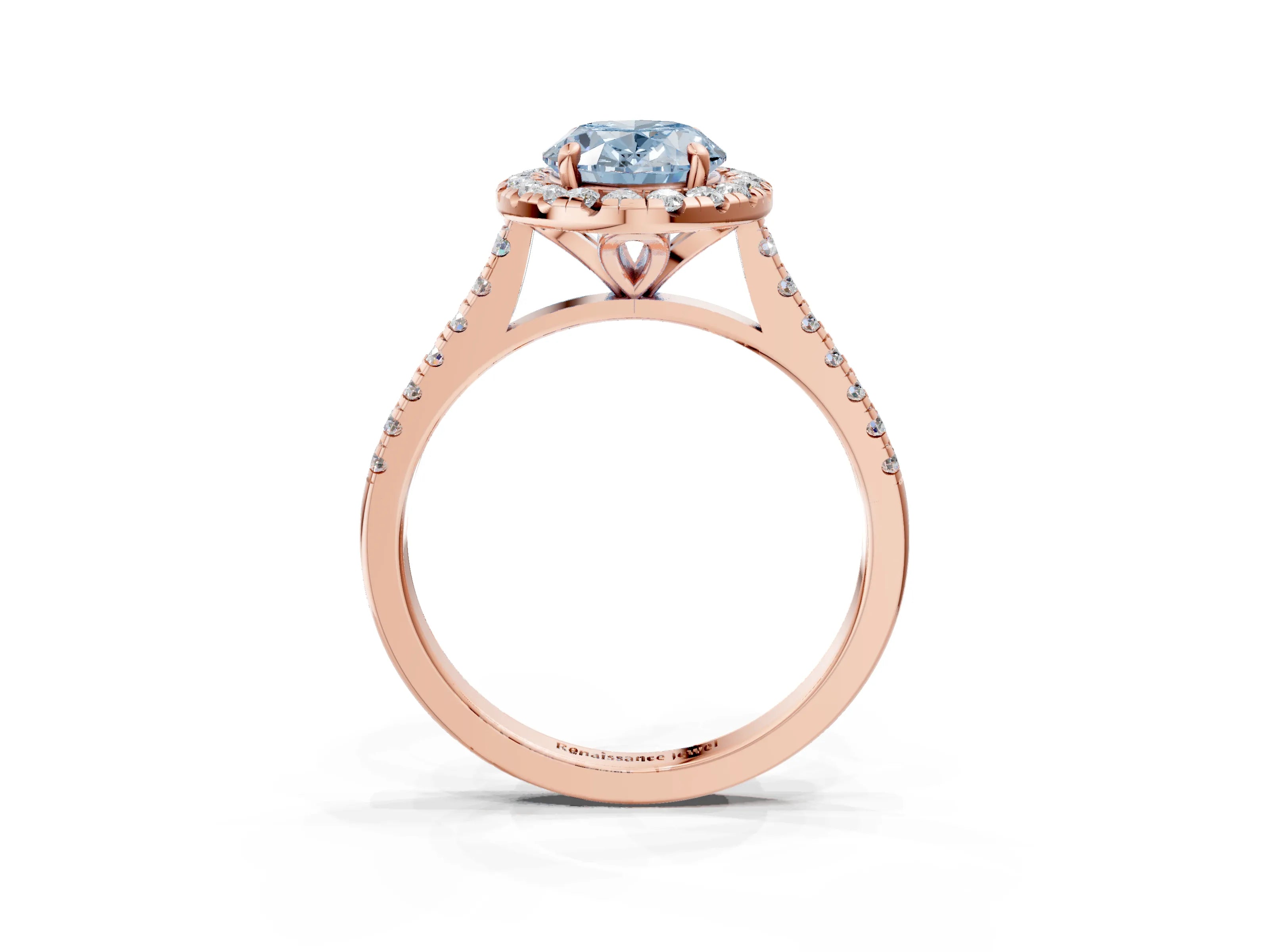 Rose gold Fancy Blue Oval Cut Diamond Cushion Halo Ring with Pavé Band_3