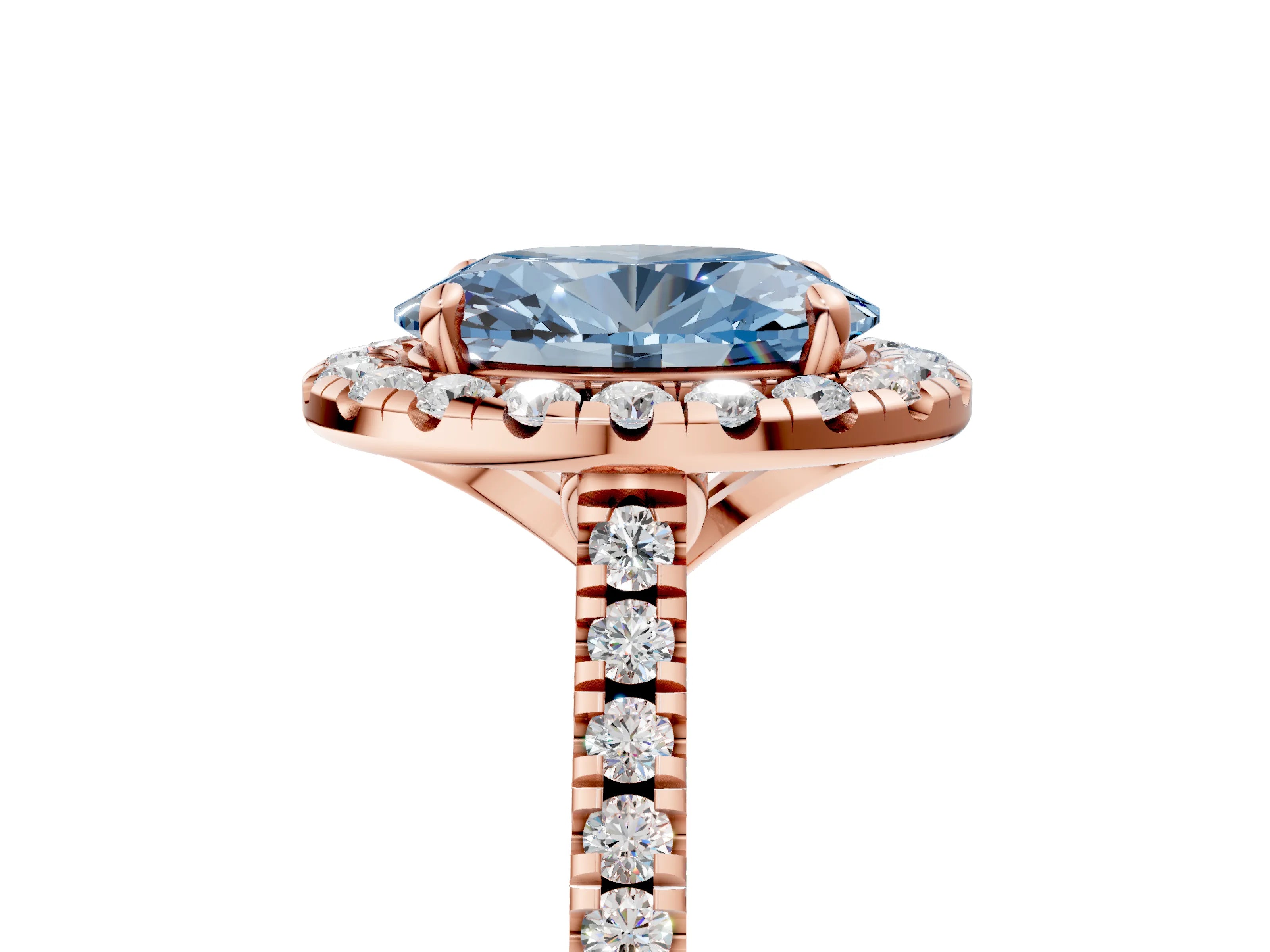 Rose gold Fancy Blue Oval Cut Diamond Cushion Halo Ring with Pavé Band_5