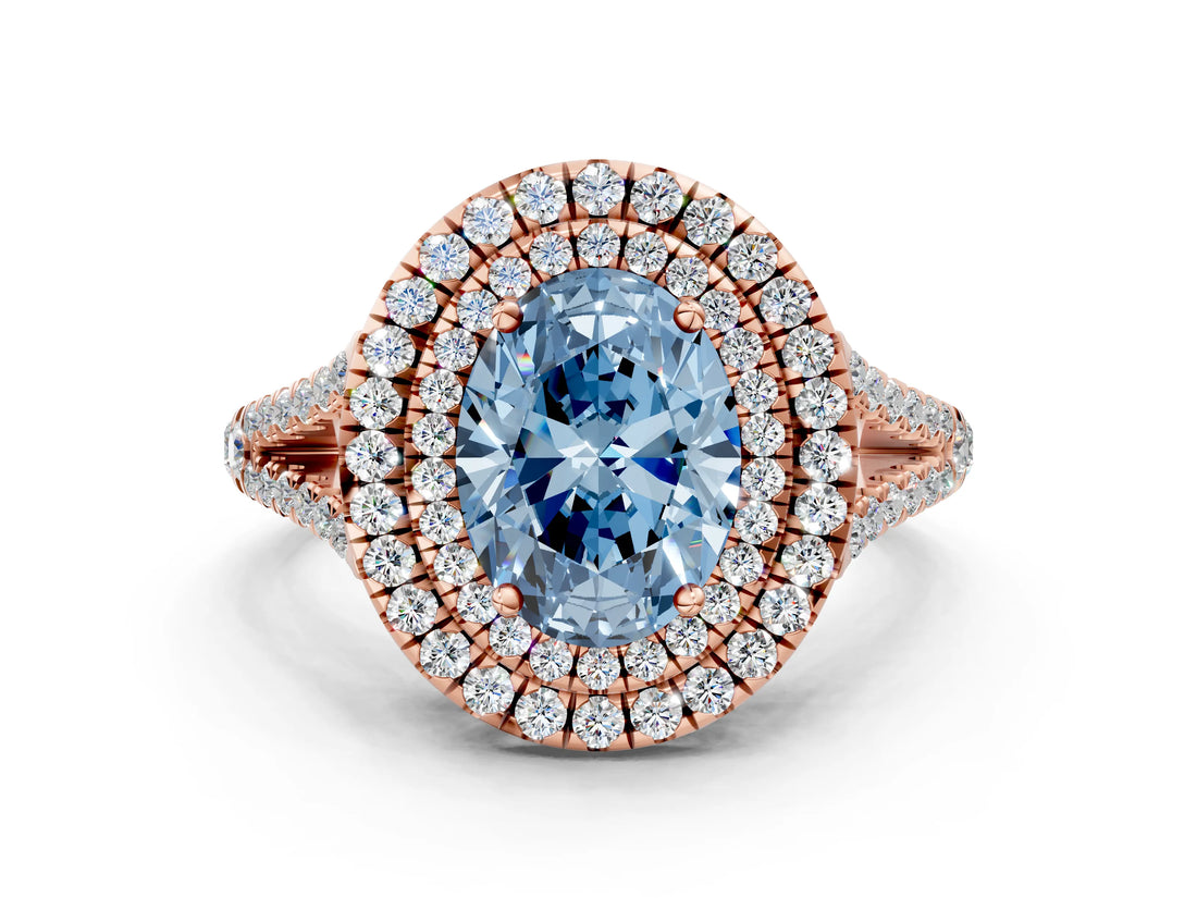 Rose gold Fancy Blue Oval Cut Diamond Double Halo Ring with Pavé Band and Prong Setting_73