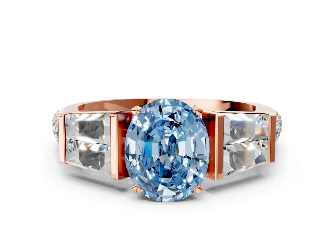 Rose gold Fancy Blue Oval Cut Diamond Engagement Ring with Baguette Side Stones and Channel Set Band_19