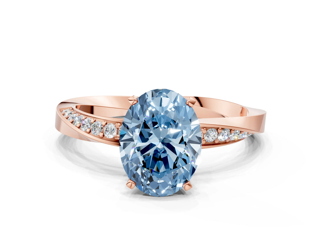 Rose gold Fancy Blue Oval Cut Diamond Engagement Ring with Side Stone Accents and Four-Prong Setting_12
