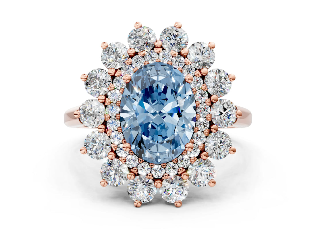 Rose gold Fancy Blue Oval Cut Diamond Floral Double Halo Engagement Ring with Prong Setting_24