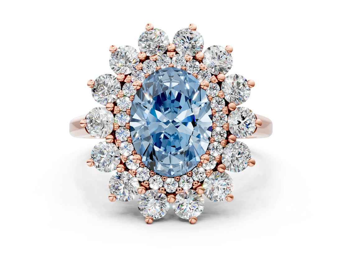 Rose gold Fancy Blue Oval Cut Diamond Floral Double Halo Engagement Ring with Prong Setting_60