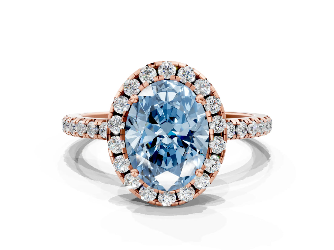 Rose gold Fancy Blue Oval  Cut Diamond Floral Halo Engagement Ring with Pavé Band and Prong Setting_36