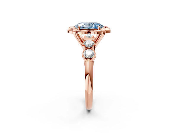 Rose gold Fancy Blue Oval  Cut Diamond Floral Halo Engagement Ring with Shared Prong Setting