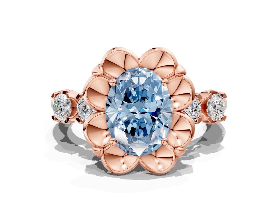 Rose gold Fancy Blue Oval  Cut Diamond Floral Halo Engagement Ring with Shared Prong Setting