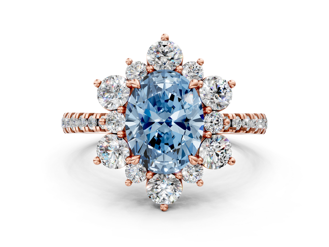 Rose gold Fancy Blue Oval  Cut Diamond Floral Halo Pave Band with Prong Setting_37