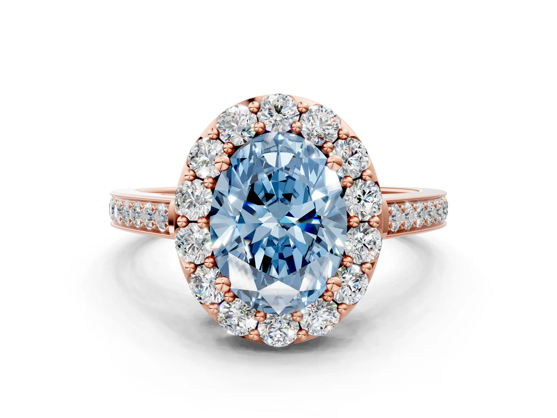 Rose gold Fancy Blue Oval Cut Diamond Floral Halo Ring with Pavé Band and Prong Setting_3