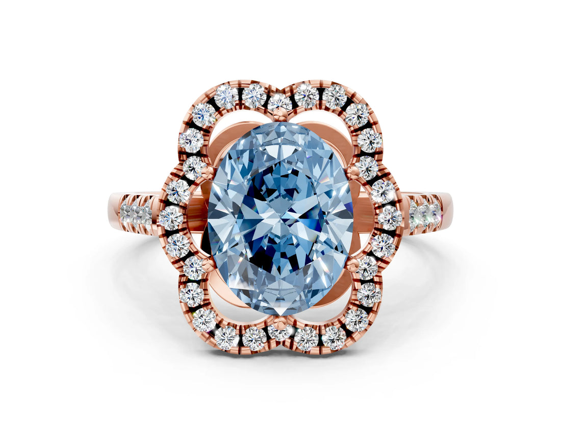 Rose gold Fancy Blue Oval Cut Diamond Floral Halo Split Shank Prong Setting Ring