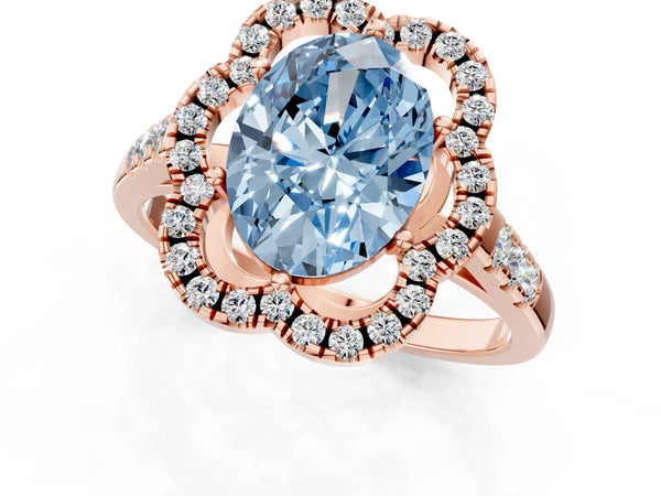Rose gold Fancy Blue Oval Cut Diamond Floral Halo Split Shank Prong Setting Ring