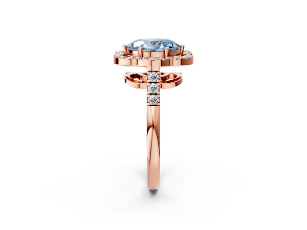 Rose gold Fancy Blue Oval Cut Diamond Floral Halo Split Shank Prong Setting Ring