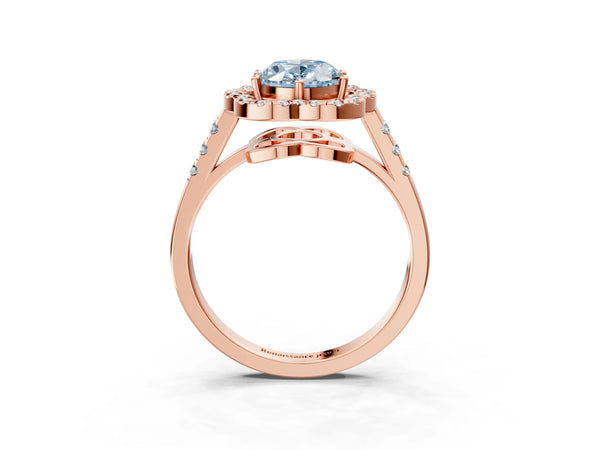 Rose gold Fancy Blue Oval Cut Diamond Floral Halo Split Shank Prong Setting Ring