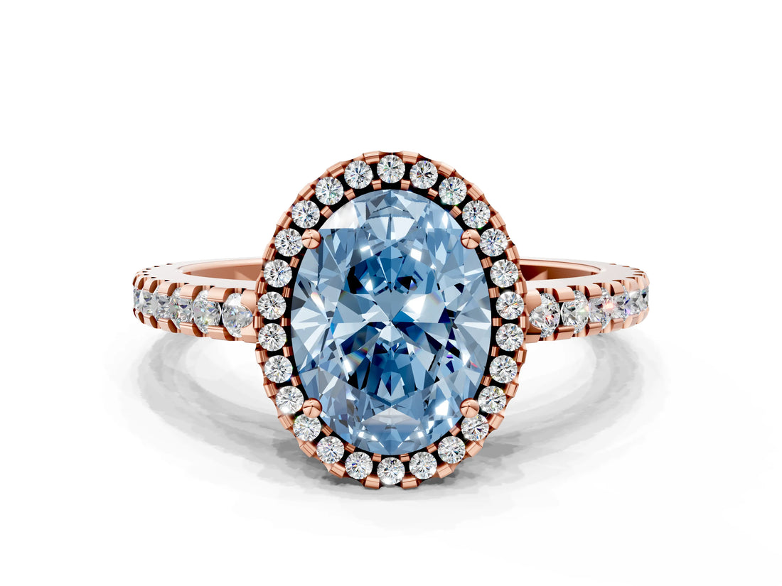 Rose gold Fancy Blue Oval Cut Diamond Halo Engagement Ring with Pavé Band and Prong Setting_27