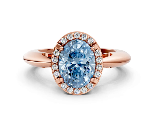 Rose gold Fancy Blue Oval  Cut Diamond Halo Engagement Ring with Split Shank and Four-Prong Setting