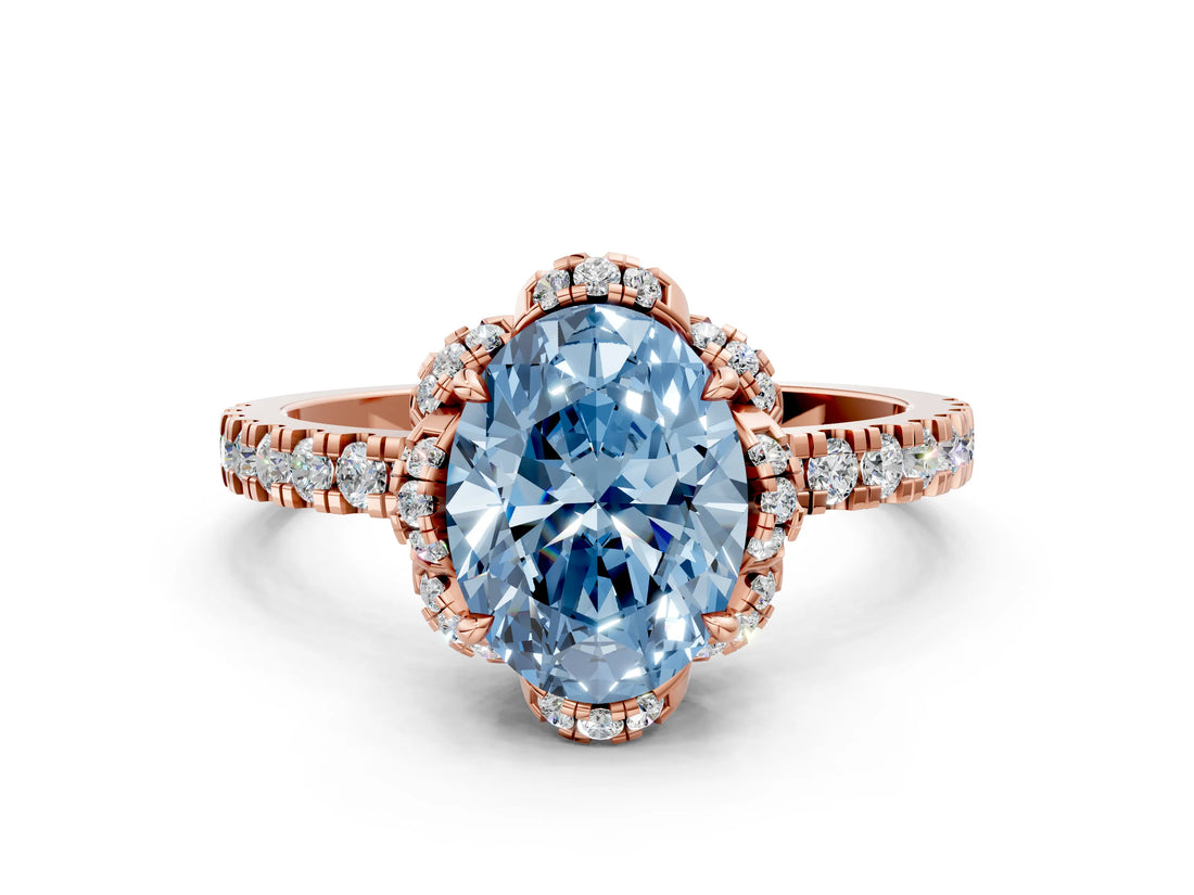 Rose gold Fancy Blue Oval Cut Diamond Halo Pave Band with Four-Prong Setting_3