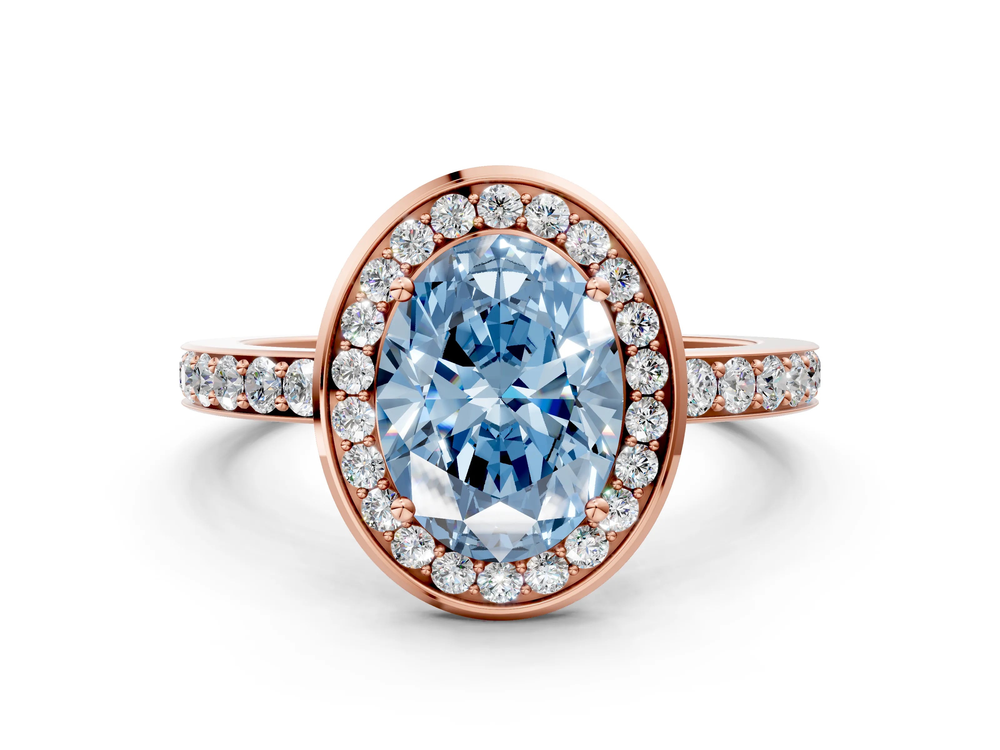 Rose gold Fancy Blue Oval Cut Diamond Halo Ring with Bezel Frame and Pavé Band