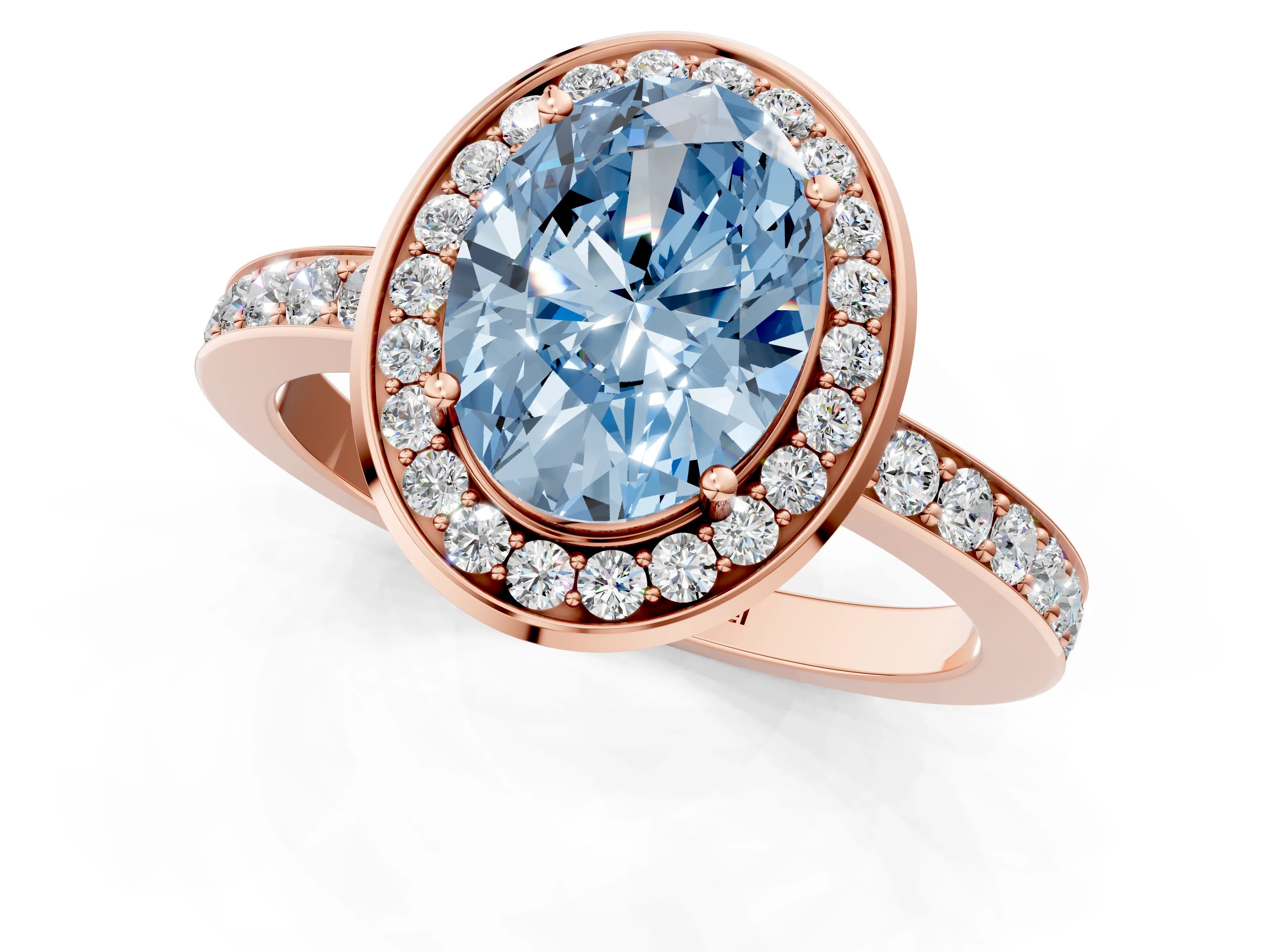 Rose gold Fancy Blue Oval Cut Diamond Halo Ring with Bezel Frame and Pavé Band_1
