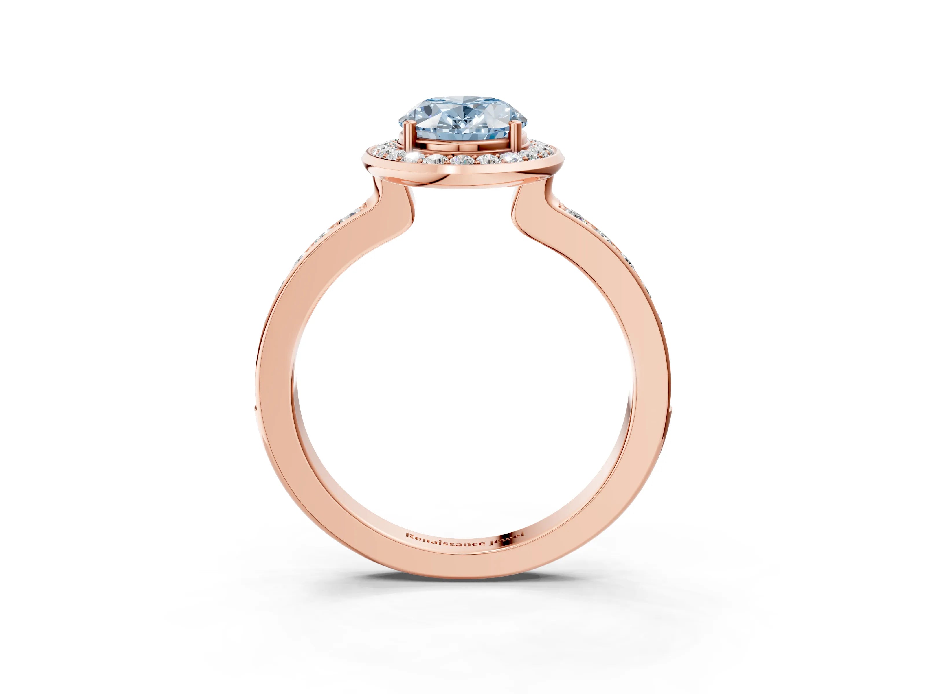 Rose gold Fancy Blue Oval Cut Diamond Halo Ring with Bezel Frame and Pavé Band_3