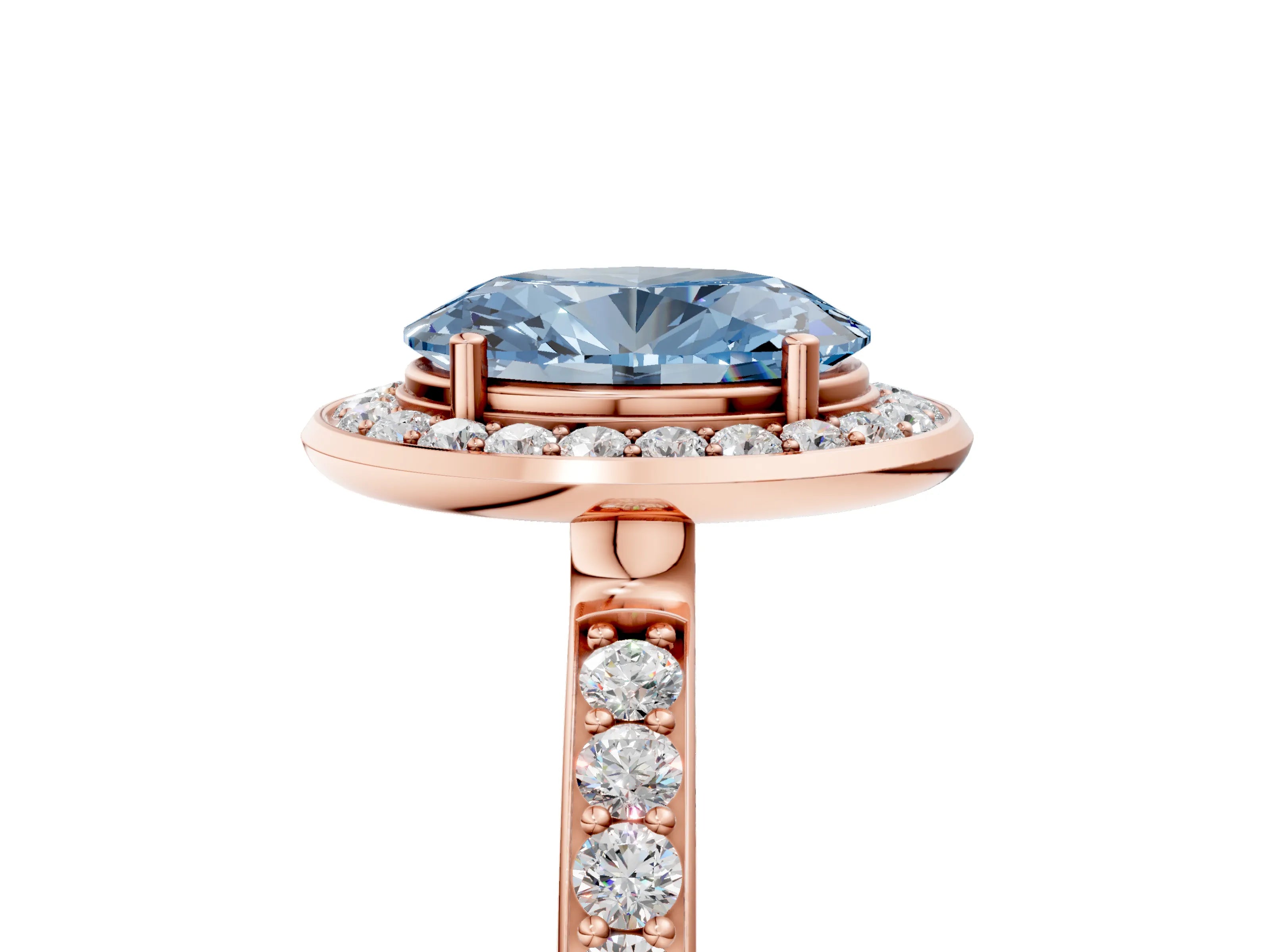 Rose gold Fancy Blue Oval Cut Diamond Halo Ring with Bezel Frame and Pavé Band_5