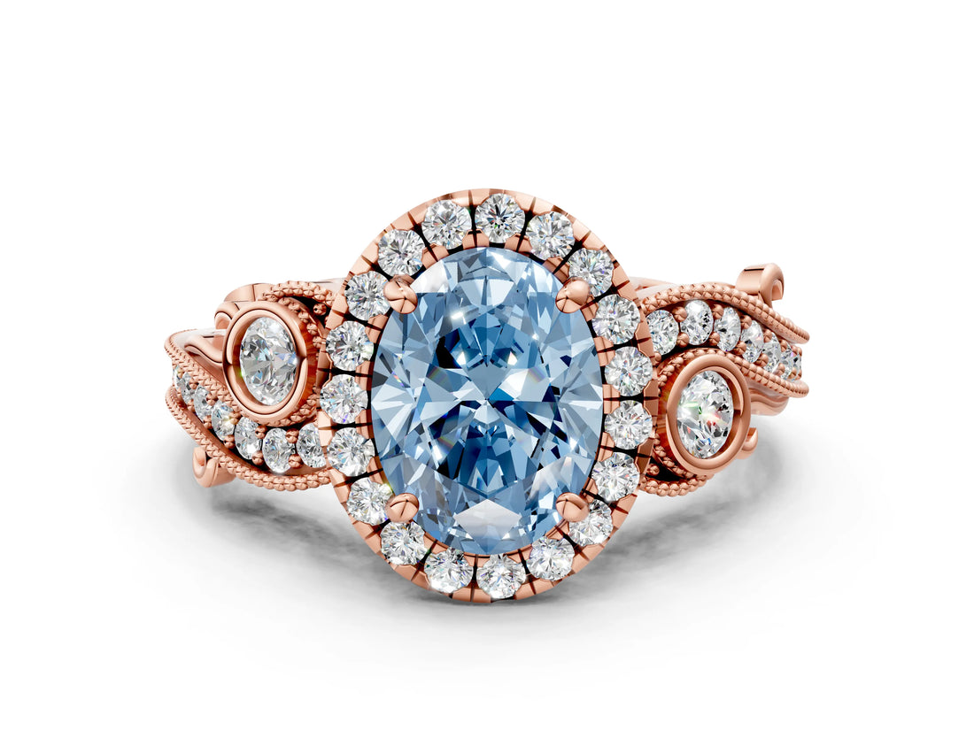 Rose gold Fancy Blue Oval Cut Diamond Halo Ring with Milgrain Pavé Band and Four-Prong Setting_71