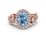 Rose gold Fancy Blue Oval Cut Diamond Halo Ring with Milgrain Pavé Band and Four-Prong Setting_71