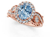 Rose gold Fancy Blue Oval Cut Diamond Halo Ring with Milgrain Pavé Band and Four-Prong Setting_72