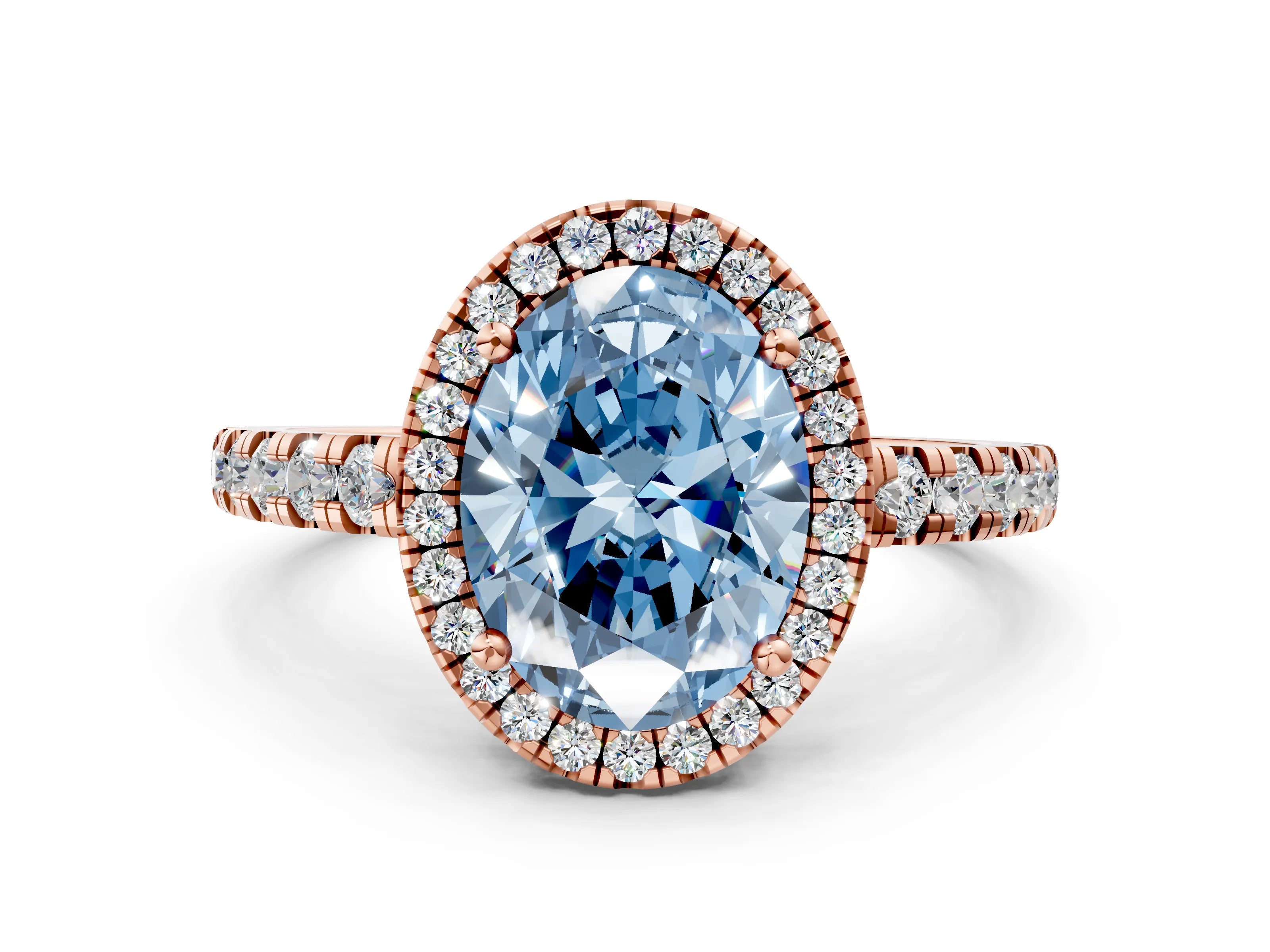 Rose gold Fancy Blue Oval Cut Diamond Halo Ring with Pavé Band and Four-Prong Setting