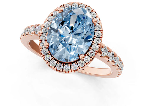 Rose gold Fancy Blue Oval Cut Diamond Halo Ring with Pavé Band and Four-Prong Setting_1