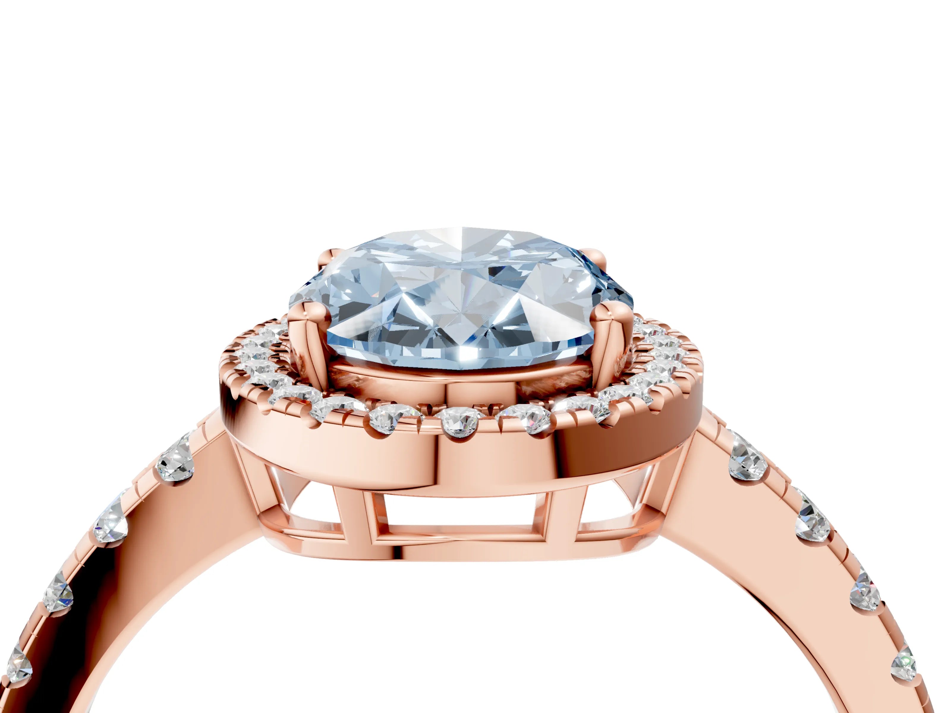 Rose gold Fancy Blue Oval Cut Diamond Halo Ring with Pavé Band and Four-Prong Setting_4