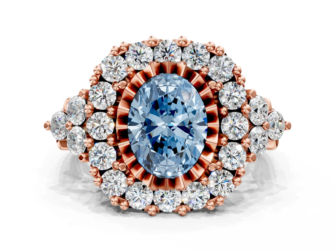 Rose gold Fancy Blue Oval Cut Diamond Halo Ring with Pavé Band and Four-Prong Setting_41