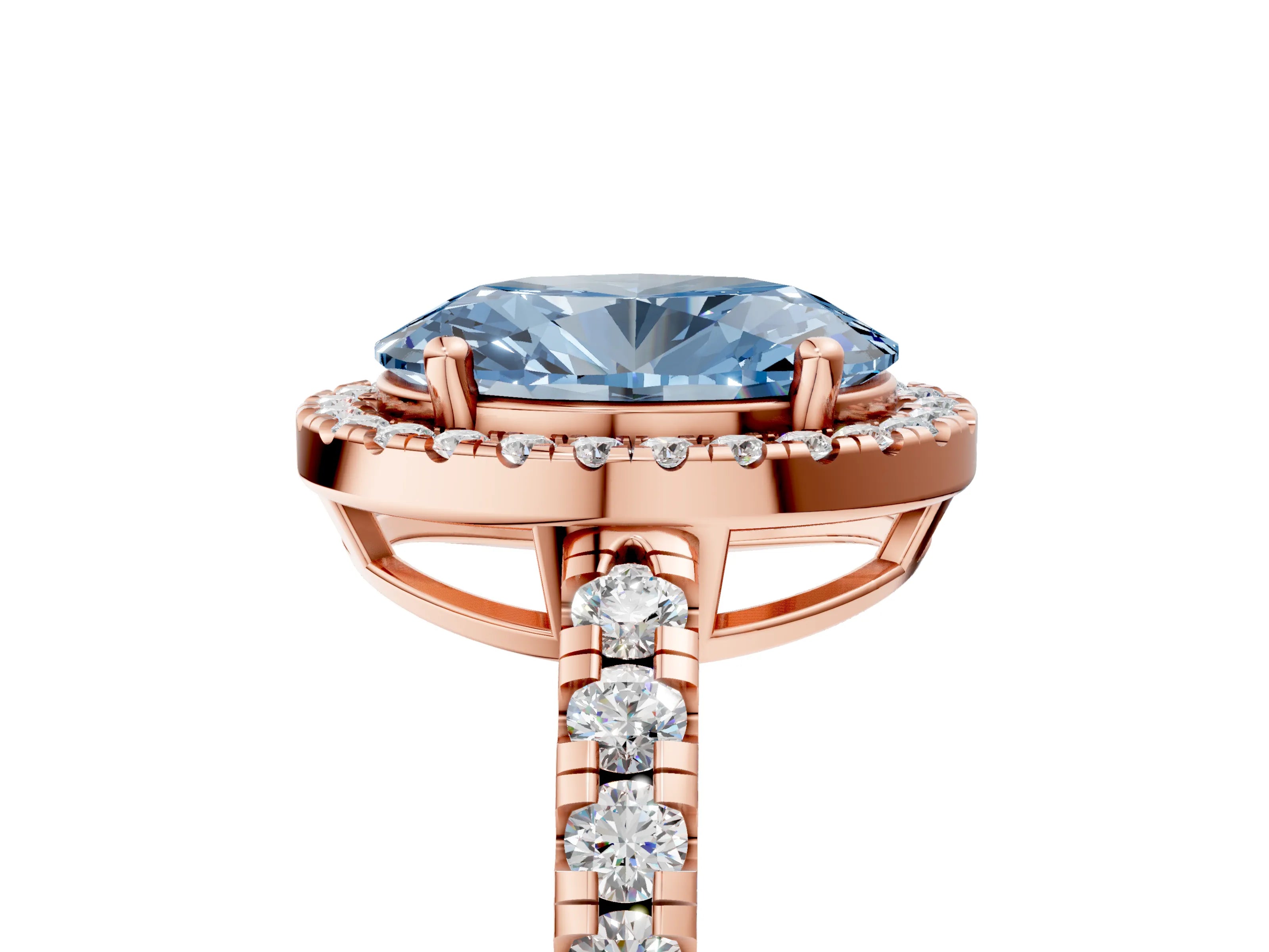 Rose gold Fancy Blue Oval Cut Diamond Halo Ring with Pavé Band and Four-Prong Setting_5